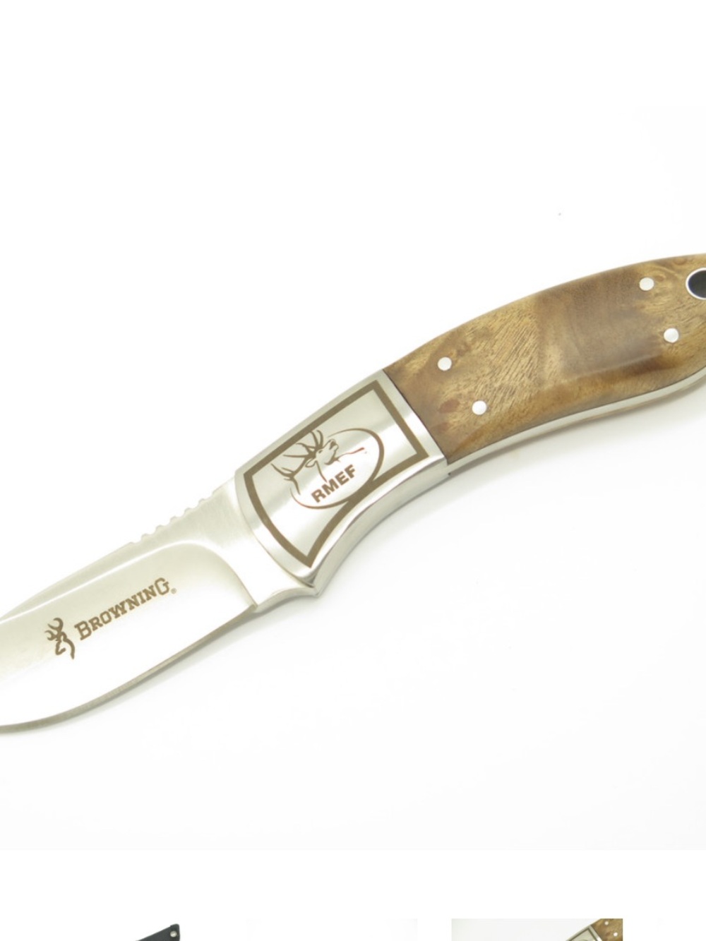 Browning Knife RMEF Belt Brown Wood Handle Silver Blade Holder Hunting